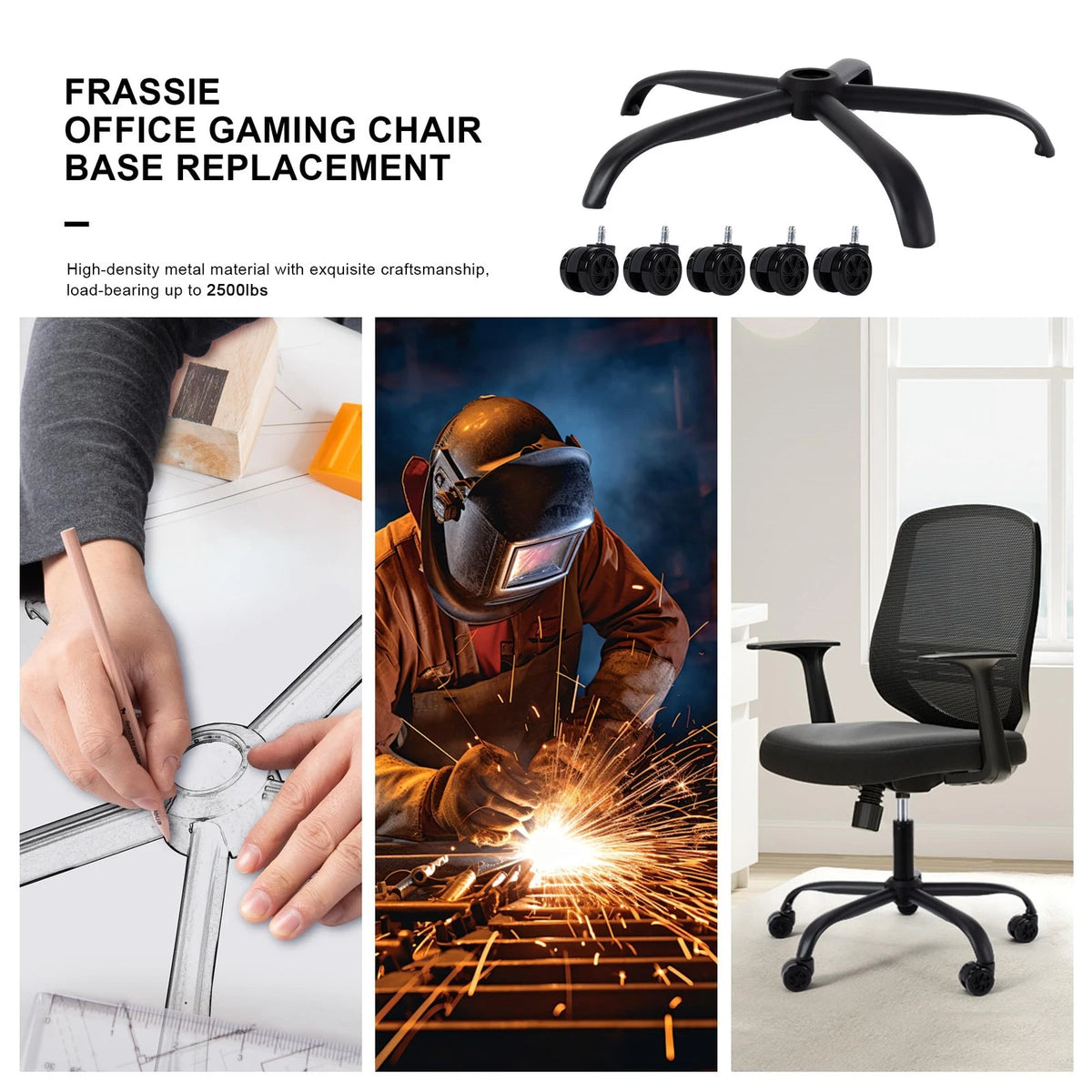 Frassie Office Chair Base Replacement with Wheels, Heavy 28 inches, Black