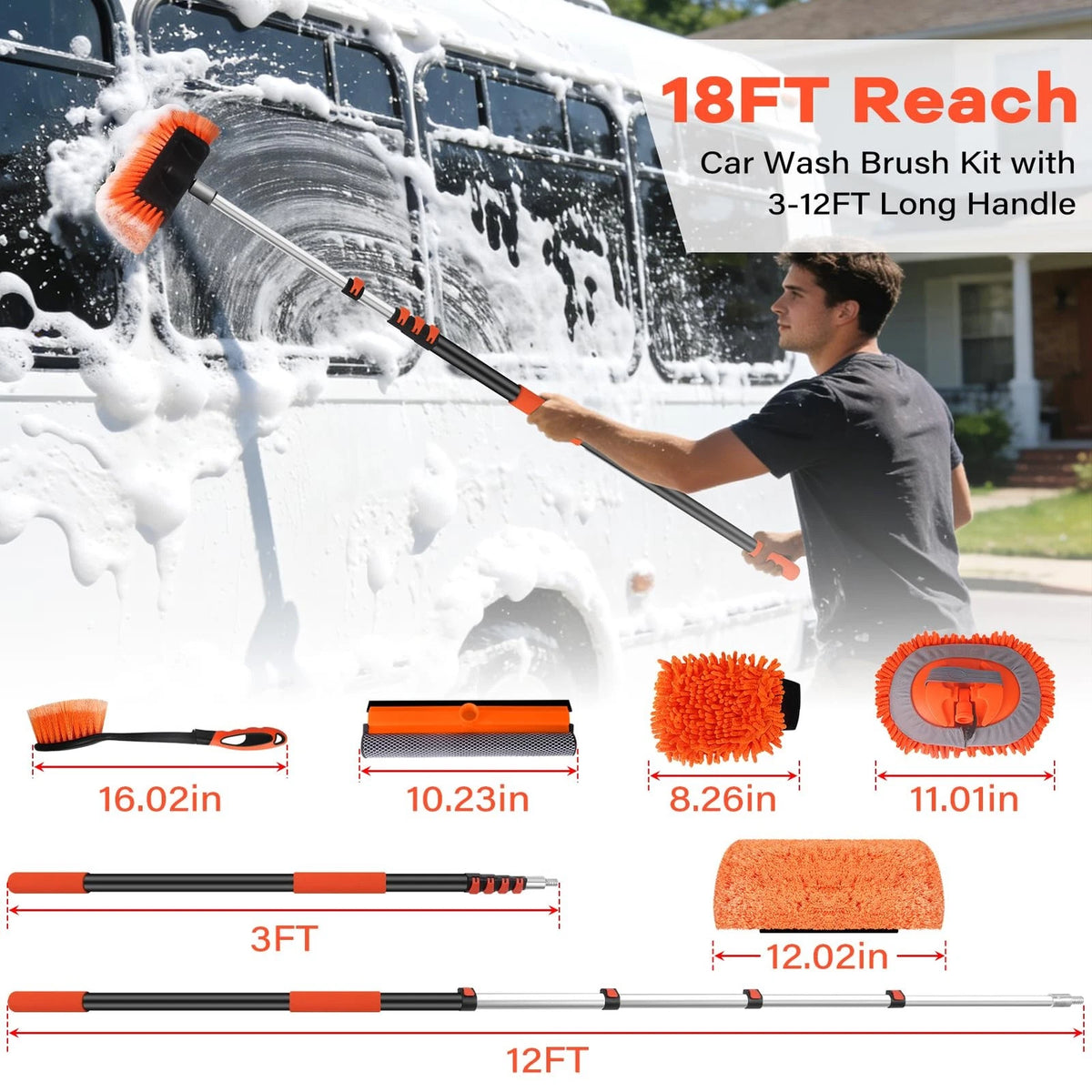 ACTREY Car Wash Brush with Long Handle,Car Clean 6-in-1 Kit, Orange