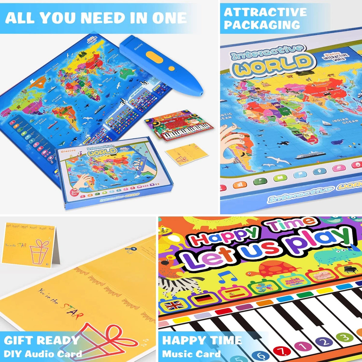 Qiaojoy Bilingual Interactive World Map for Kids Learning Large Poster, Blue