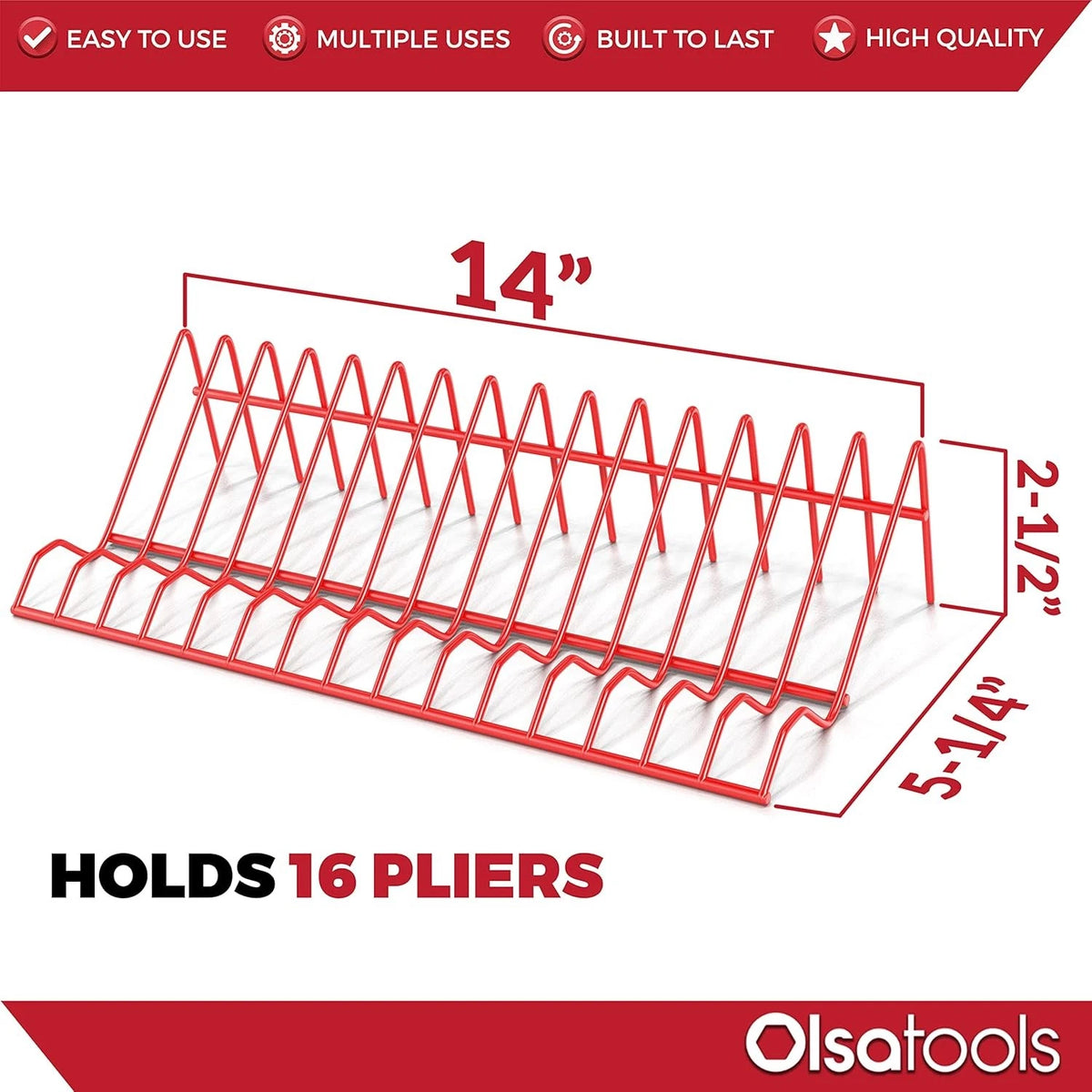 Olsa Tools Plier Rack - Red Organizer for Tool Box Drawer 16 Slots,