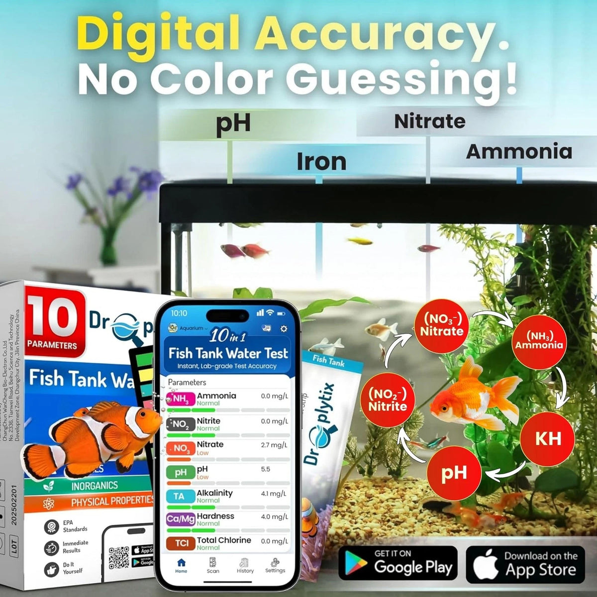 DROPLYTIX Digital Aquarium Water Test Kit, App-Enabled 10-in-1 Freshwater &...