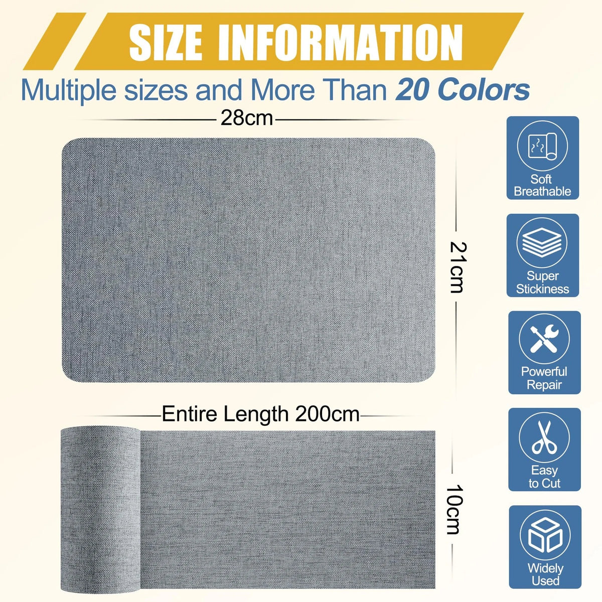 Fabric Repair Tape Kit, Self-Adhesive Linen Patch 4" x 80", Grey