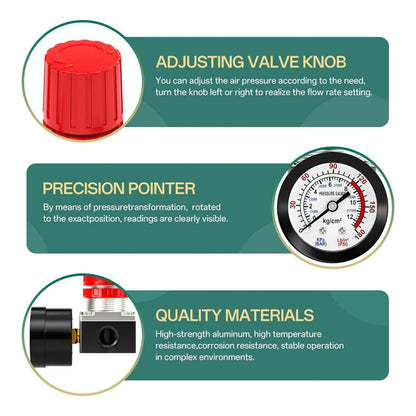 1/4" Air Compressor Pressure Gauge Regulator Valve 180 PSI for Tire Inflator