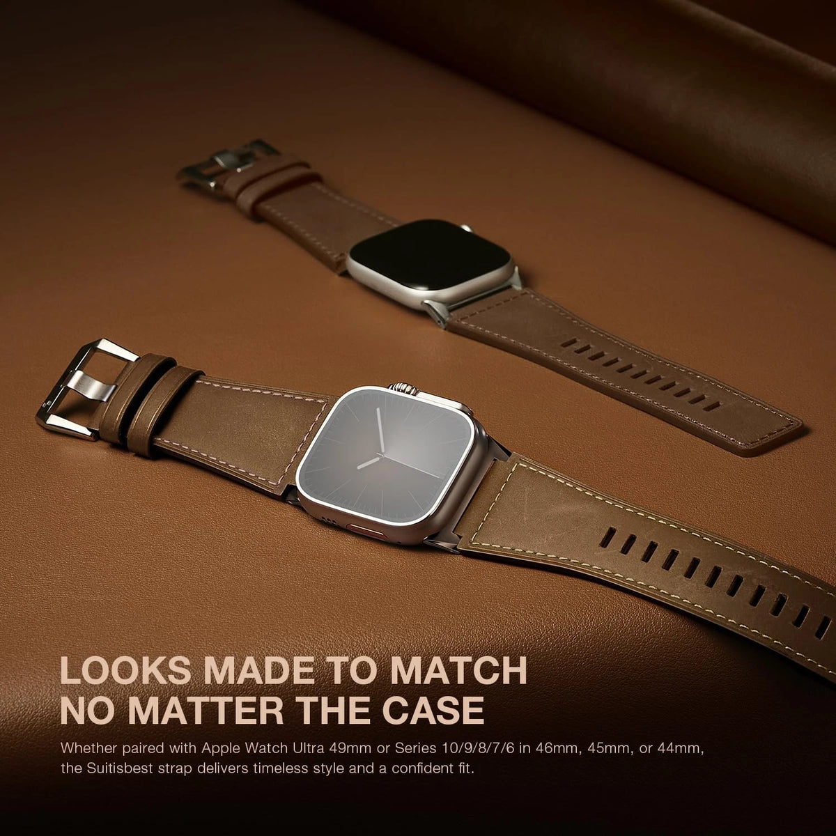Suitisbest Leather 49mm 46mm 45mm 44mm 42mm(Series 3), Titanium/Retro Brown