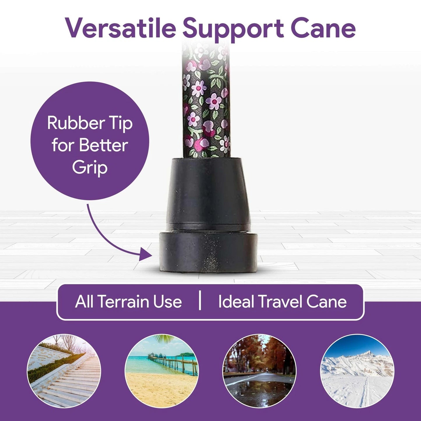 Folding Walking Cane for Women and Men - 33" - 37" Adjustable Black Floral