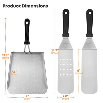 Stanbroil Stainless Steel Griddle Food Mover, 3 PCS 13" x 7", Silver/Black