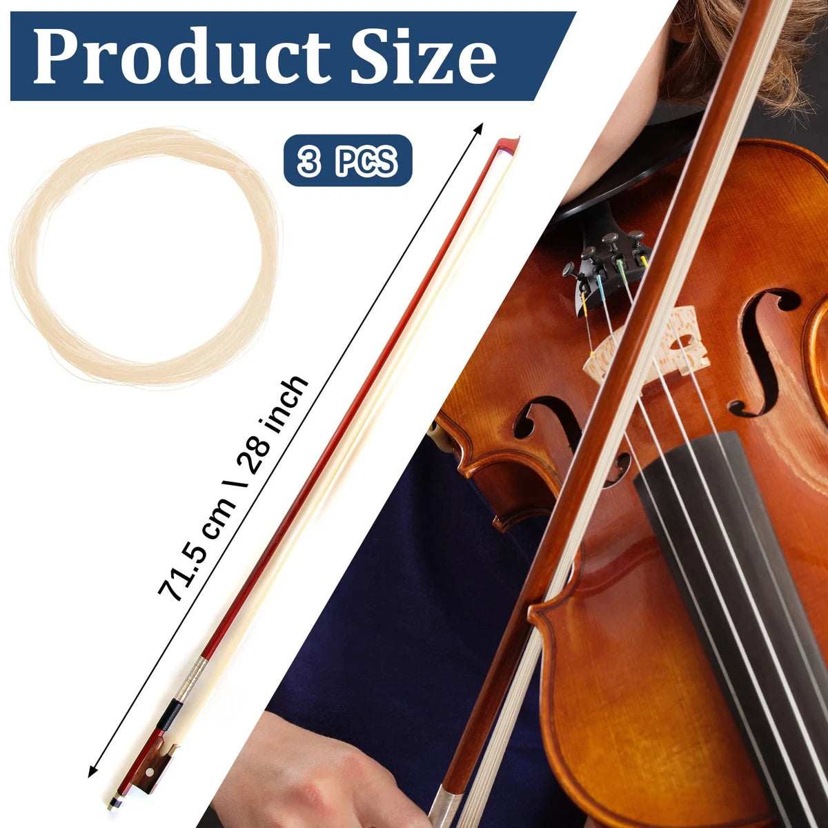Boao 3 Hanks Mongolian Horse Bow Hair for Violin, Full size, white