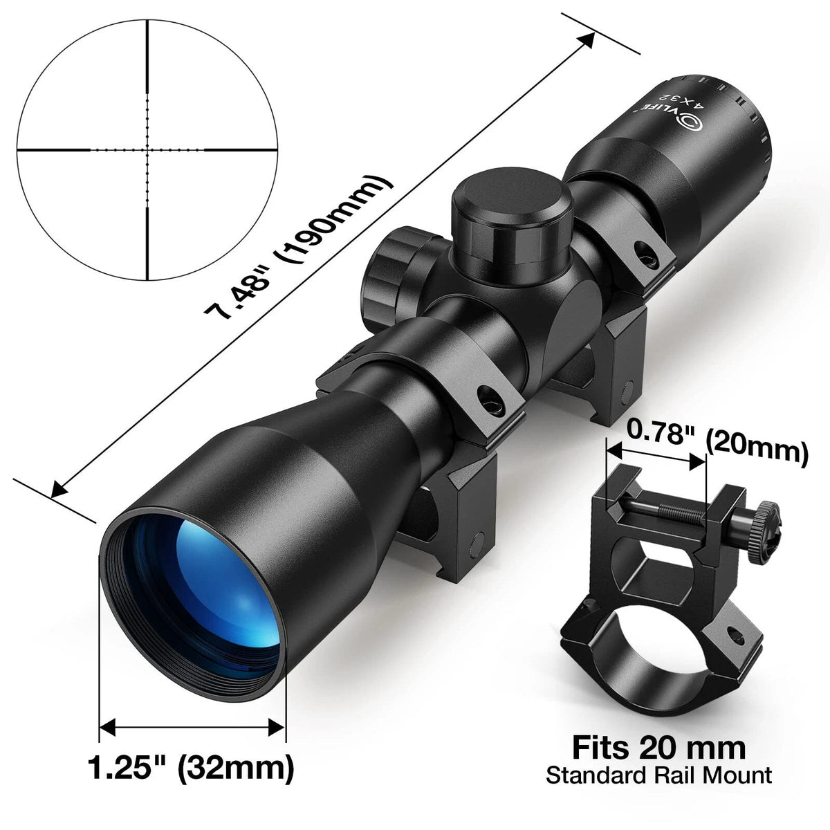 CVLIFE 4x32 Compact Rifle Scope Crosshair Optics Hunting 20mm, Clear