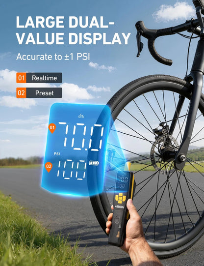 AstroAI 150PSI Electric Bike Pump with Gague, 30s Portable, Black and Yellow
