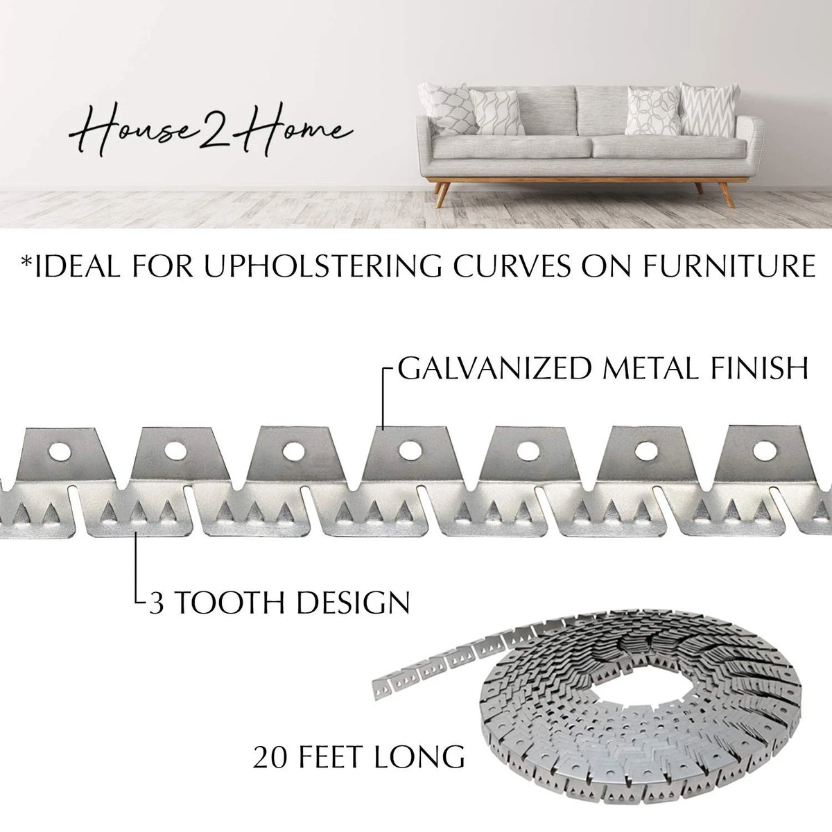 20ft Upholstery Metal Flexible Tack Strip Supplies, Curve Ease 20ft, Silver
