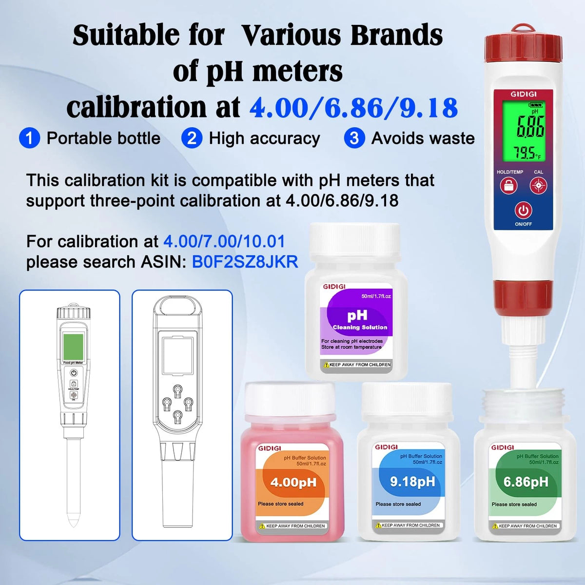 GIDIGI pH Buffer Calibration Solution 4.00/6.86/9.18 Purple