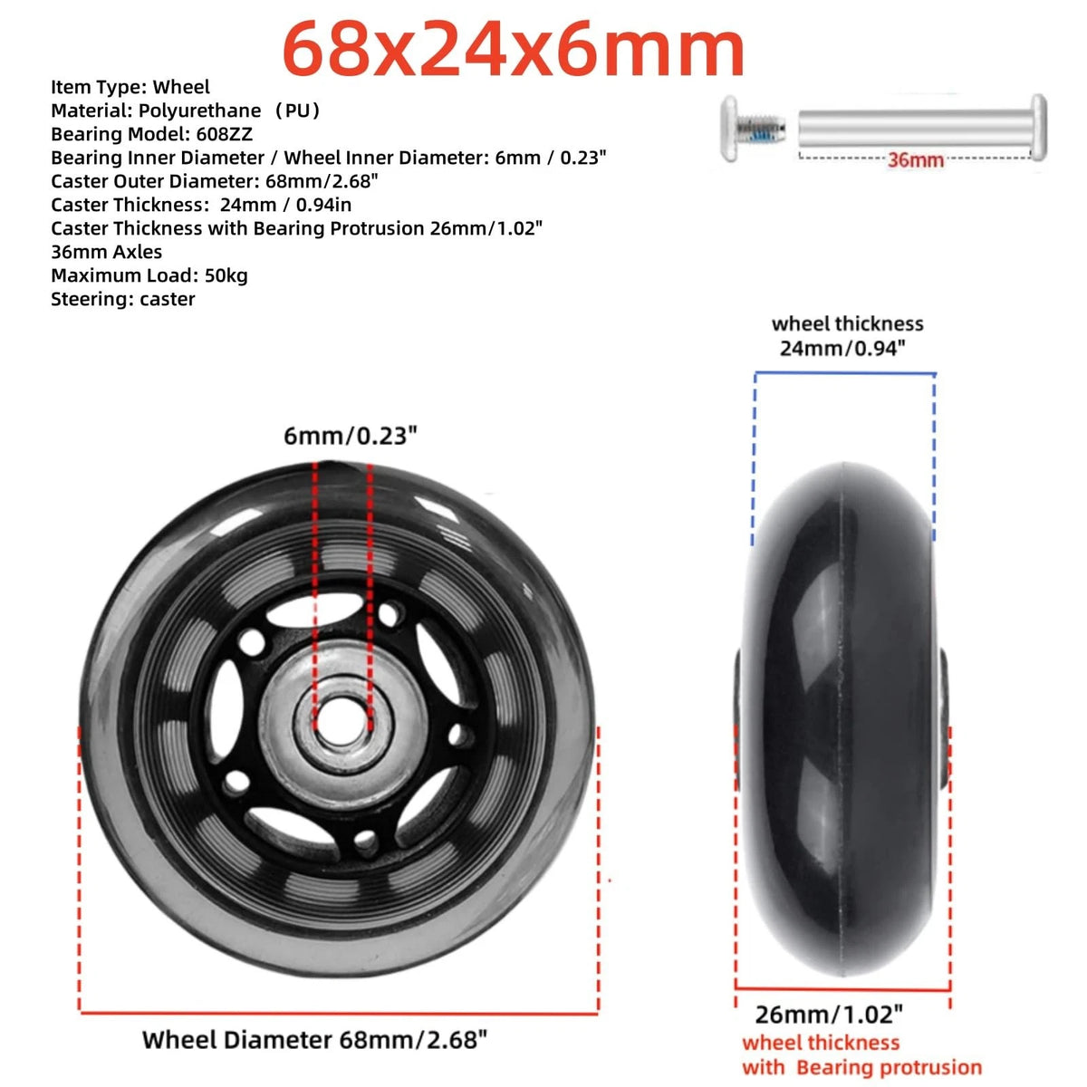 Rhinenet Replacement Luggage Suitcase Wheels OD 68mm 68X24X6, Black-Clear