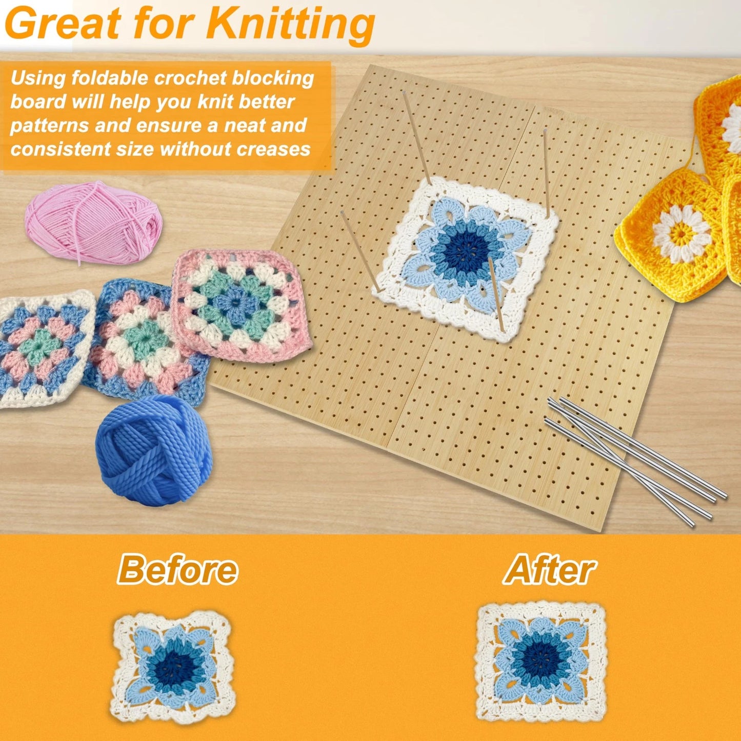 15.5" x 15.5"Foldable Crochet Blocking Board with 15.5 * * 0.5, Wooden
