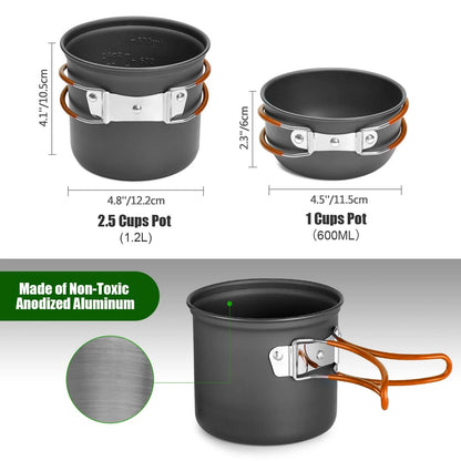 Odoland Camping Cookware Stove Set with 1.2L/0.6L Pot and Standard, Orange