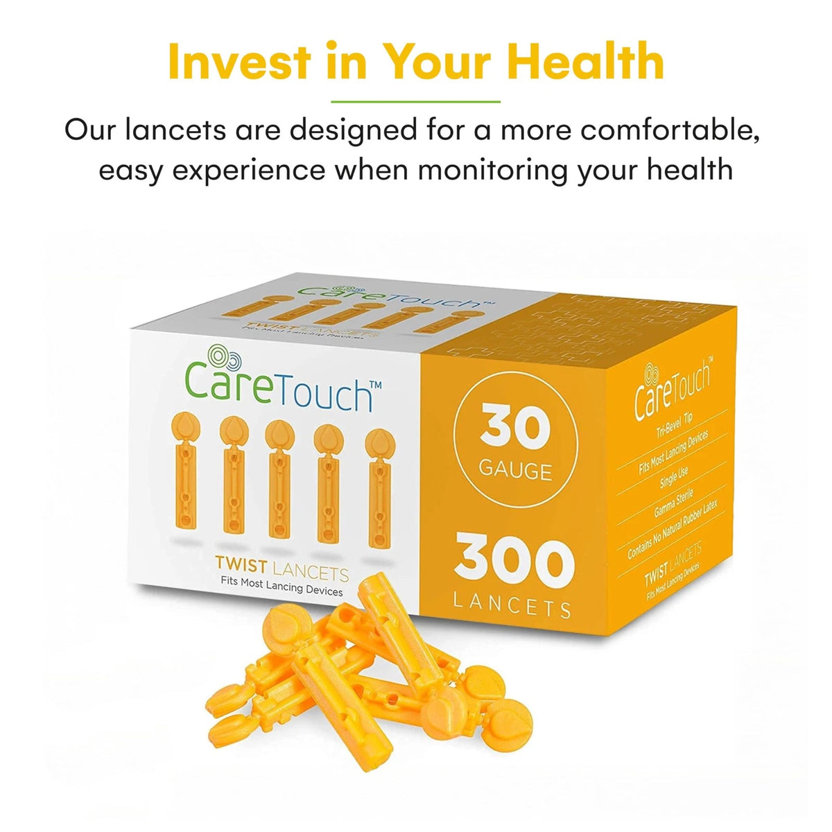 Care Touch Lancets for Diabetes Testing - 30 300 Count (Pack of 1), Yellow