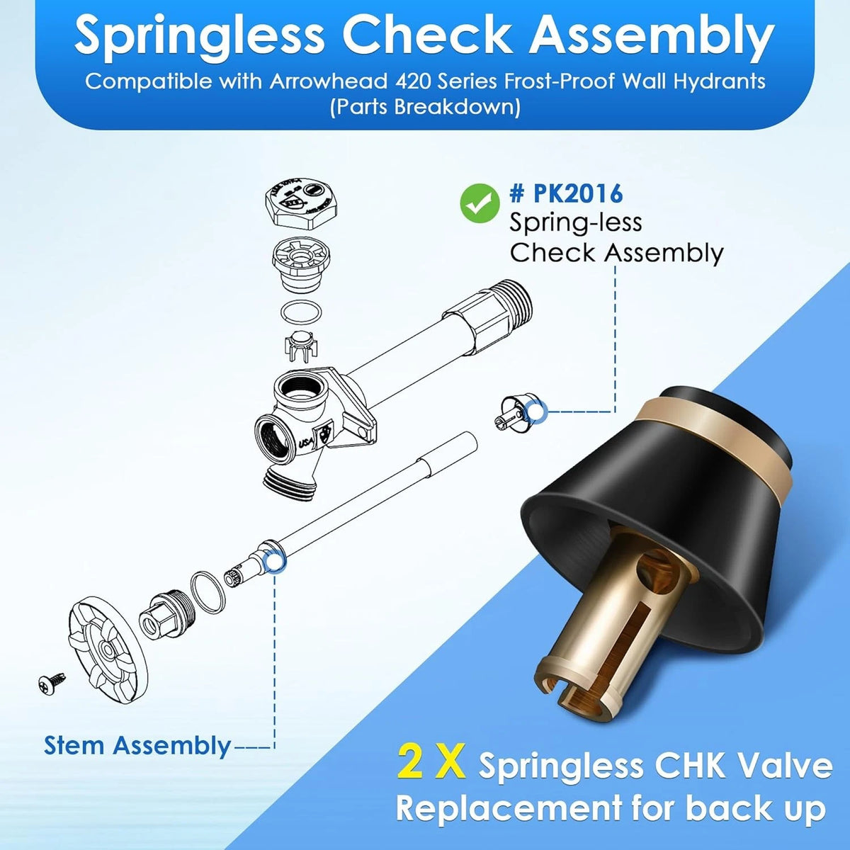 2 Pack Springless CHK Valve Replacement for PK2016 420 Series, black and gold
