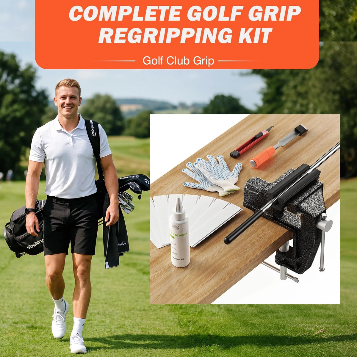 Hibijou Portable Golf Club Regripping Kit with Bench Vise – Medium, Black
