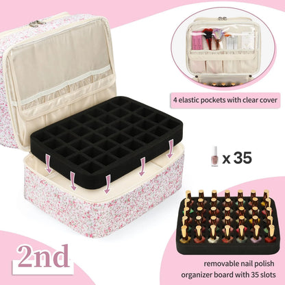 Nail Polish Organizer Bag - Organizers and 45 Slots, Pink Small Flower