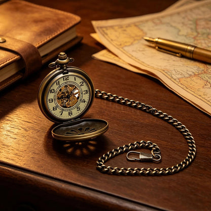 Classic Mechanical Black Steampunk Skeleton Pocket Watch with Chain For Men