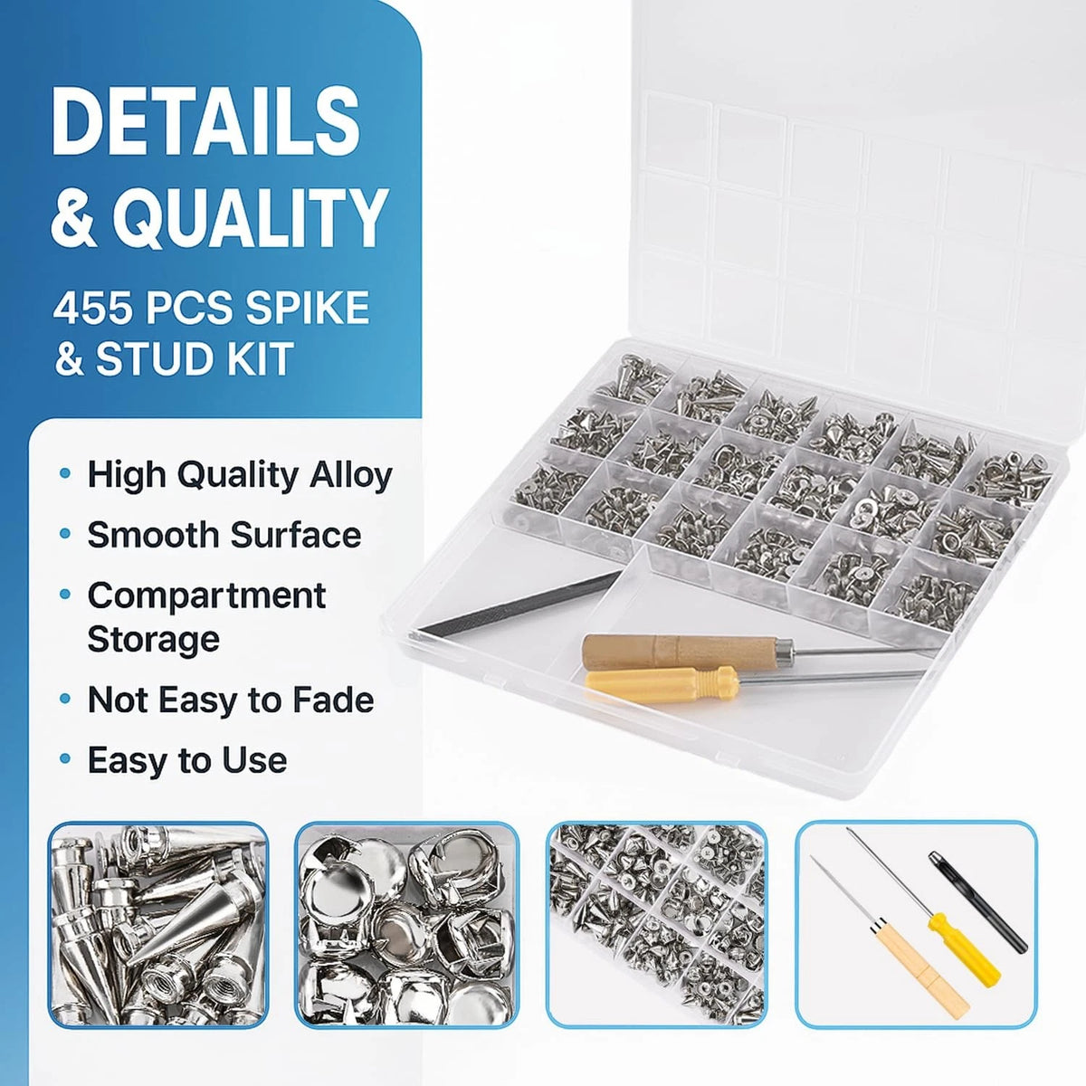 Craluuur 455PCS Punk Spikes and Studs Kit for Clothing, 12 Sizes silver