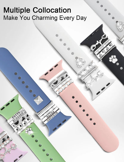 JR.DM 13 Pieces Sliver Watch Band Charms with 10-Pcs 42mm x 3mm, A-Silver