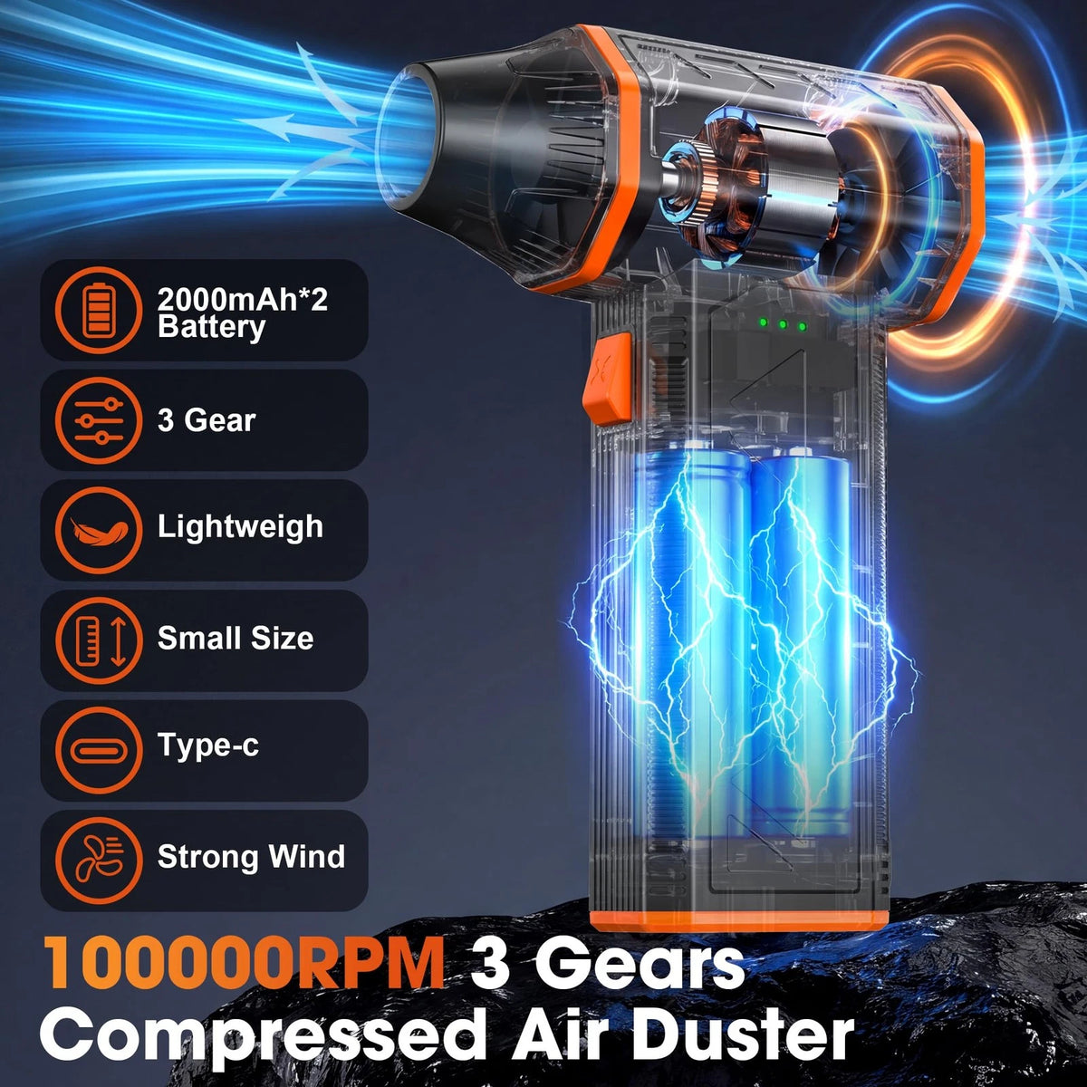Compressed Air Duster, 3-Gear Adjustable, 100000RPM Electric Duster
