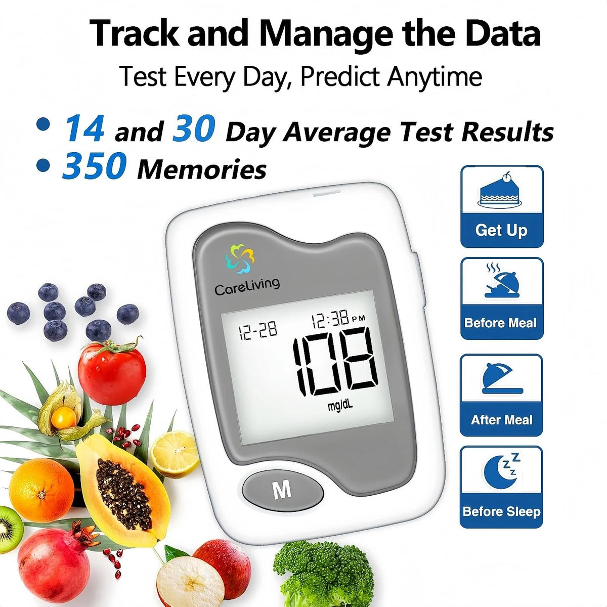 CareLiving BGM101 Blood Glucose Monitor Kit, 100 Test Strips, 100 gray