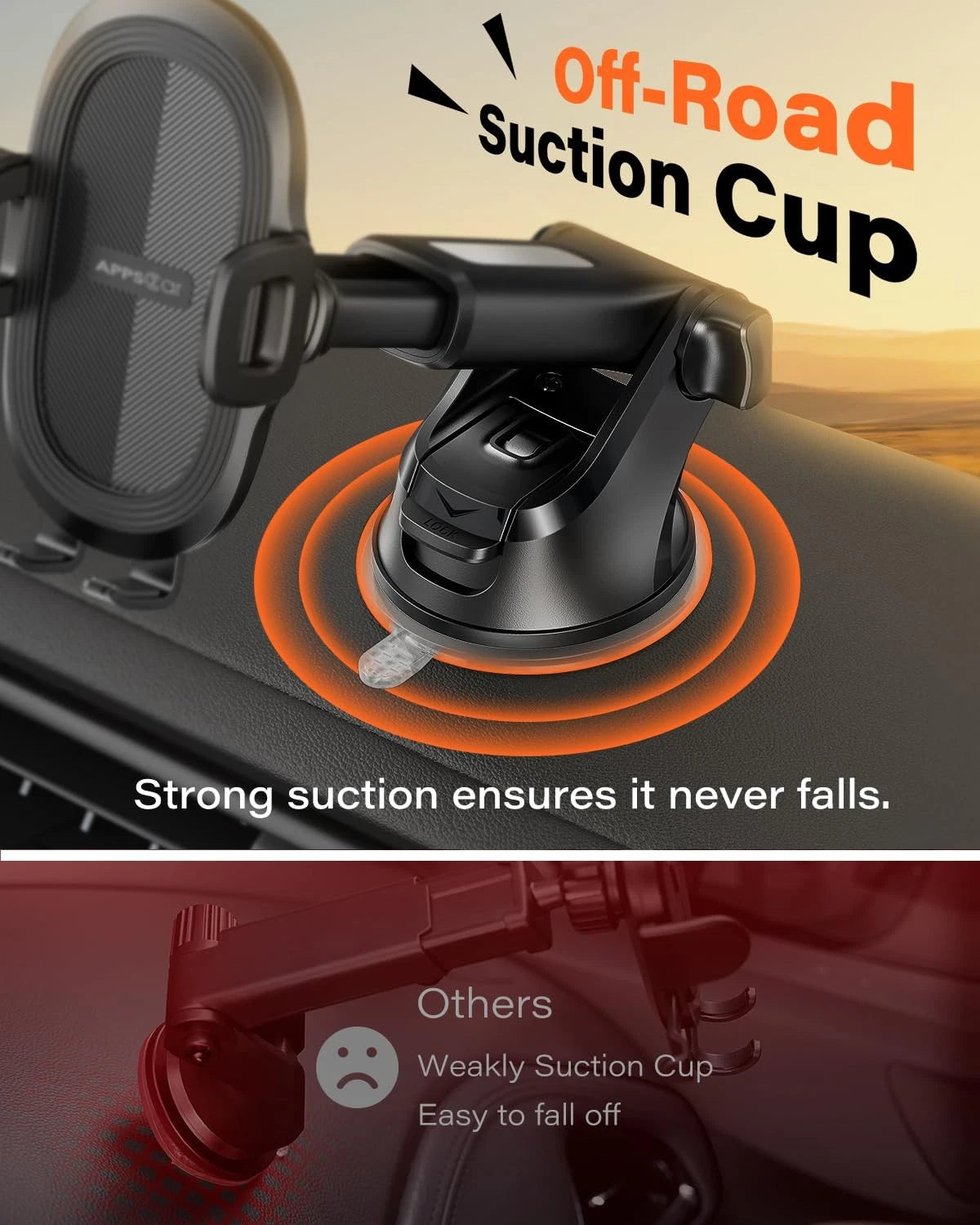 APPS2Car Suction Cup Phone Mount, Universal 6.3 inches, Black-1st Version