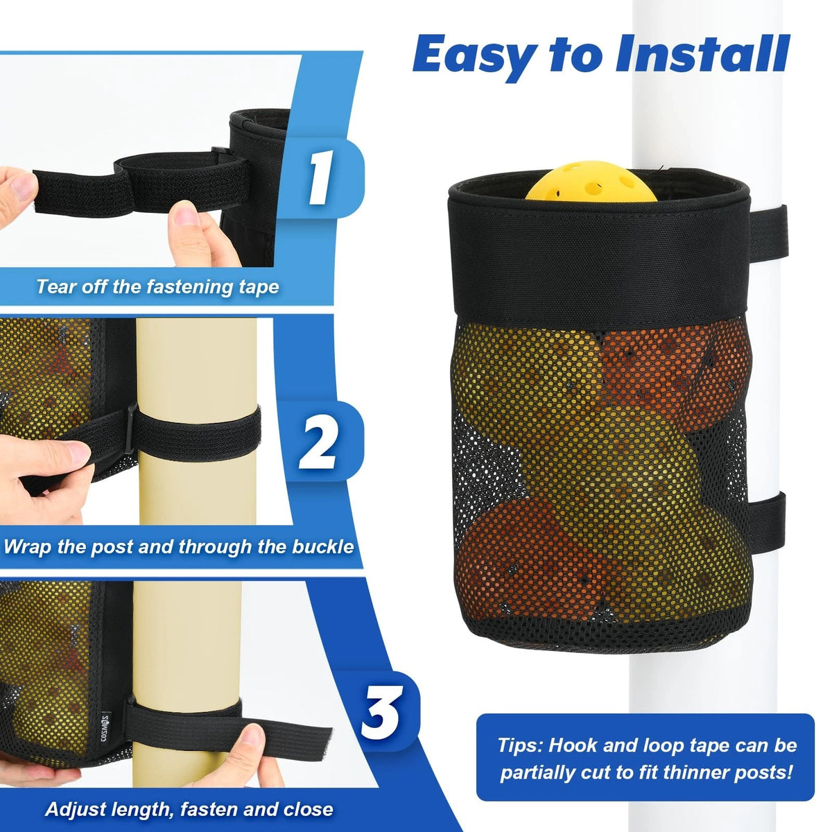 Cosmos Pickleball Ball Holder Adjustable Hanging Bag for One Size, Black