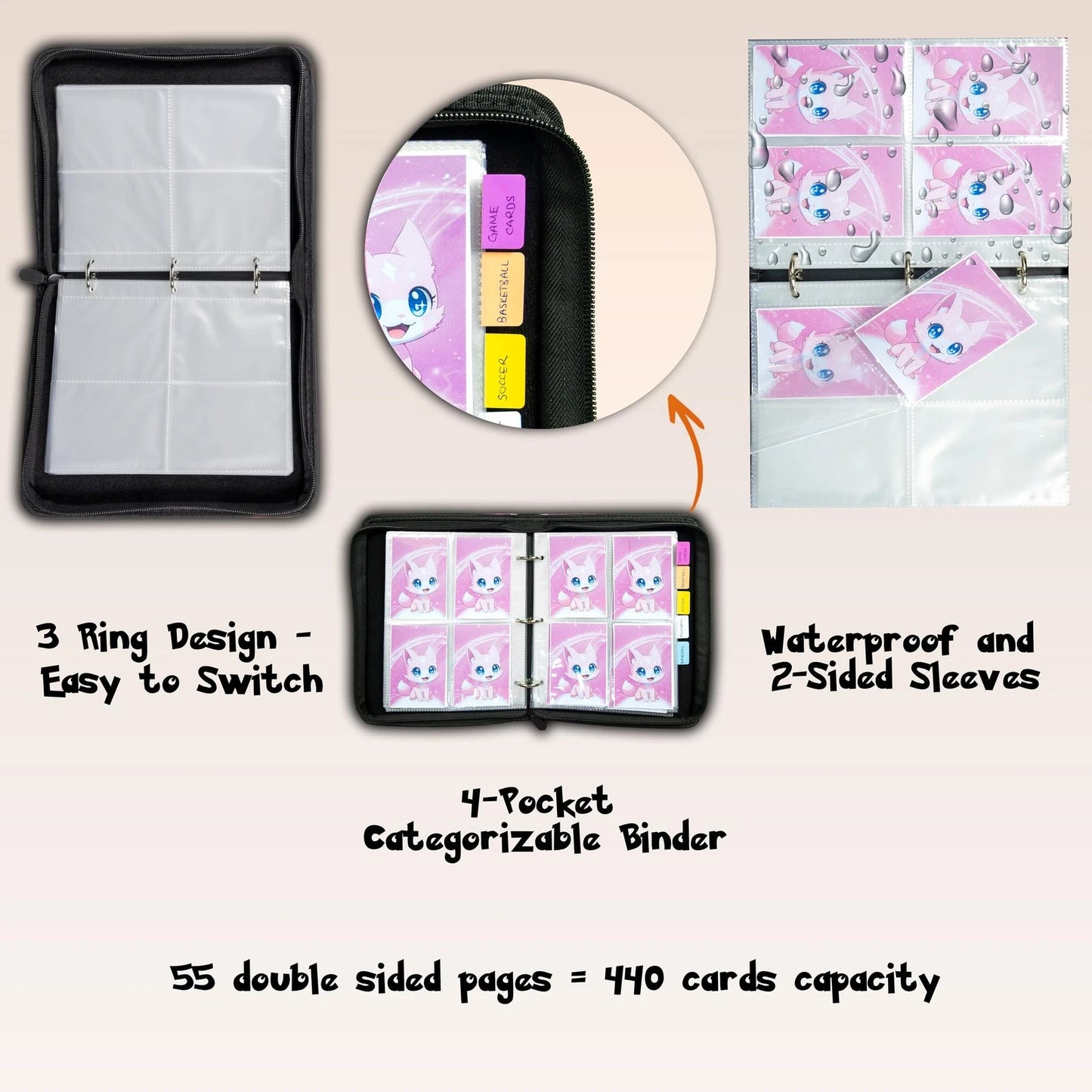 Trading Card Binder 4 Pocket Gifts for Girls, 440 Pockets Large, Pink Sakura