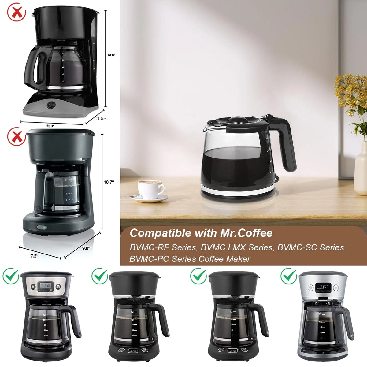 12 Cup Coffee Maker Replacement Pot Compatible with Mr. 12 Cups, Black, Clear