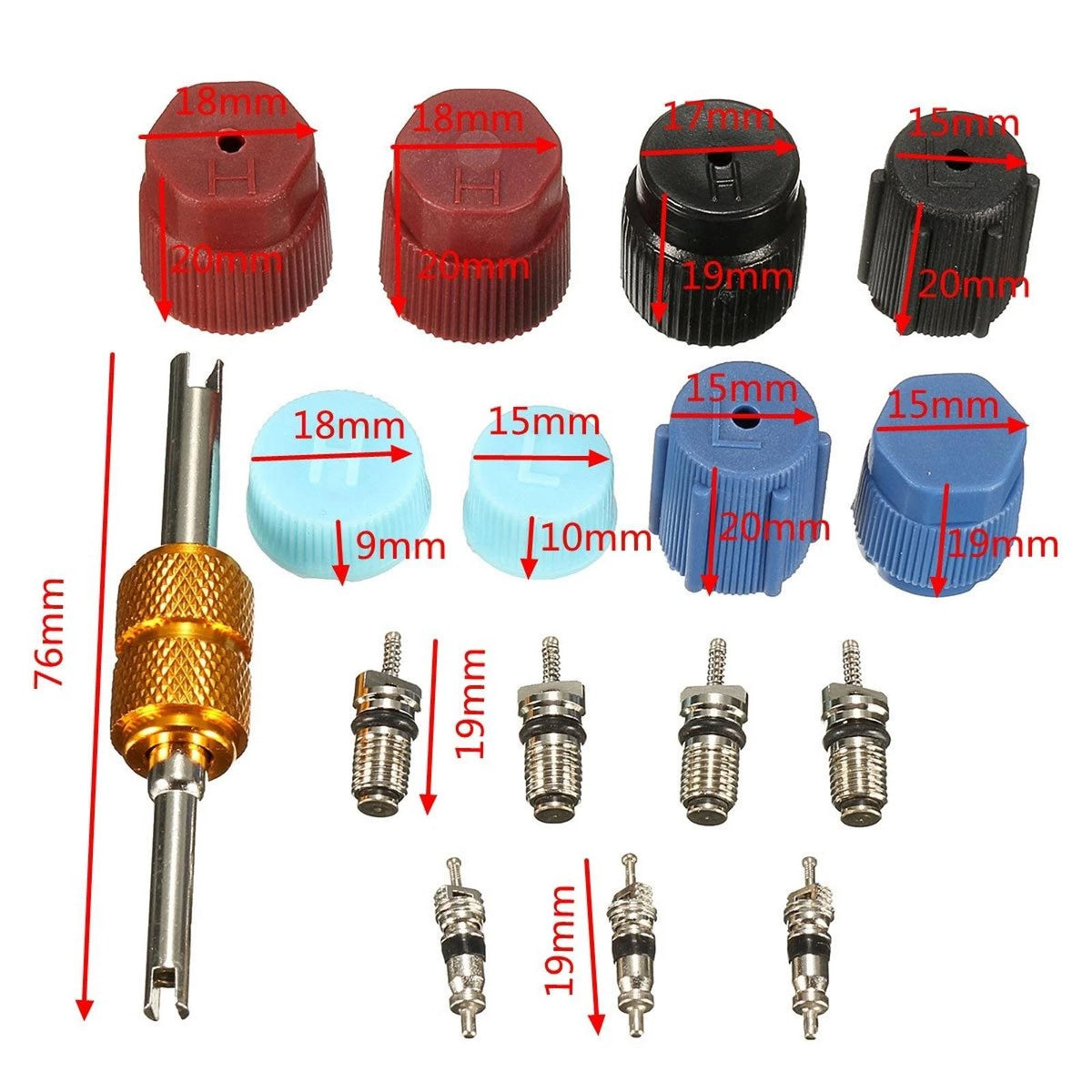 16PACK A/C Valve Core Kit AC System Cap & Valve Stem Cores Seal Remover Tool K