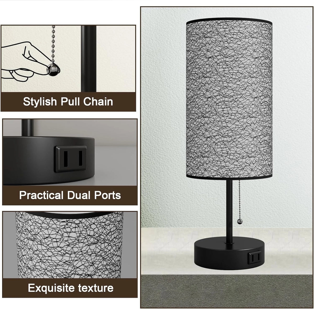 Table Lamp for Bedroom,Nightstand Bedside with AC 2PCS, Black-OnlyAC