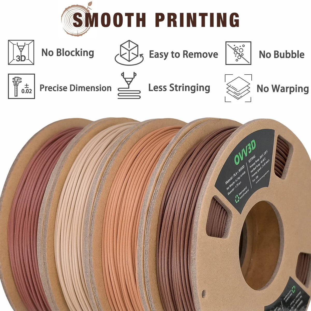 OVV3D Wood 3D Printer Filament Bundle, PLA 4 Pack Bundle