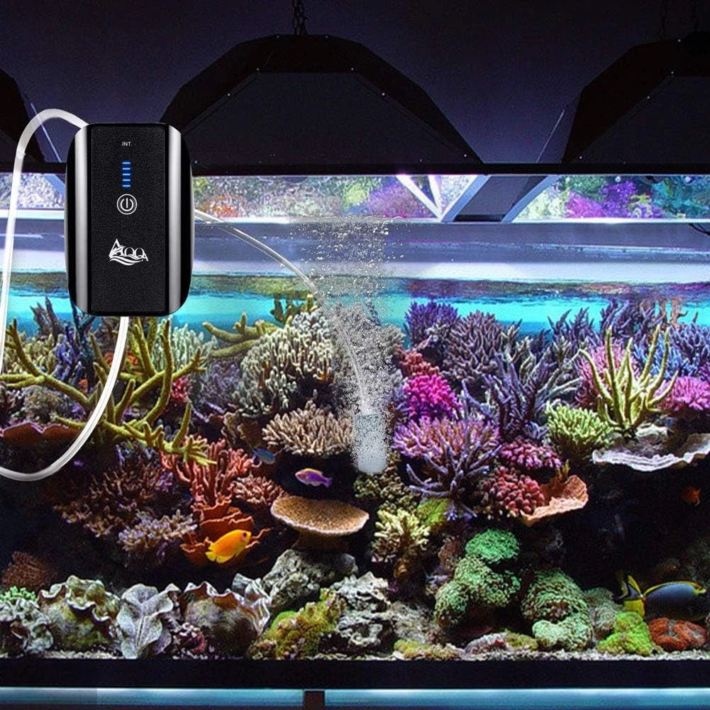 AQQA Aquarium Air Pump, Battery Rechargeable 1.7 W for 1-100Gal tank, Black