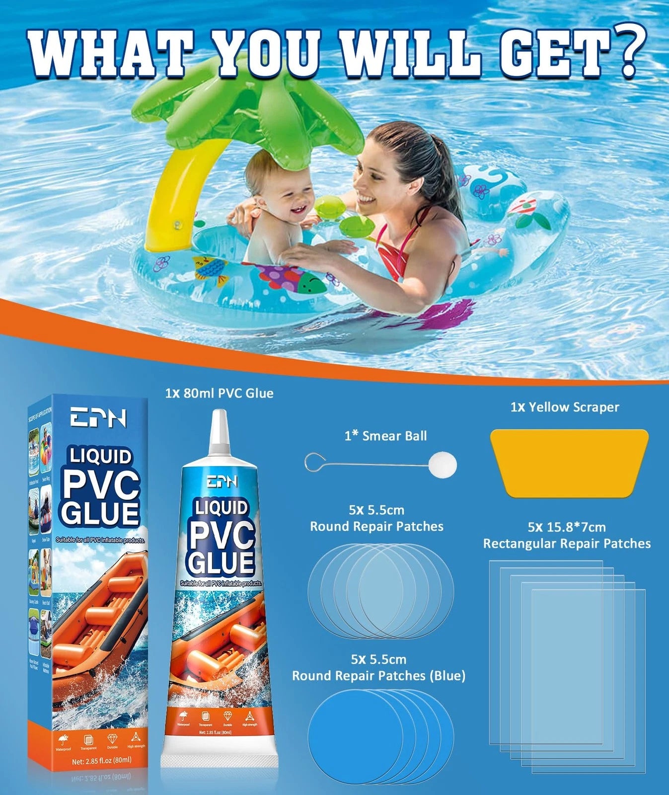 EPN Air Mattress Patch Kit, Waterproof Vinyl Pool Liner Repair Kit for Clear