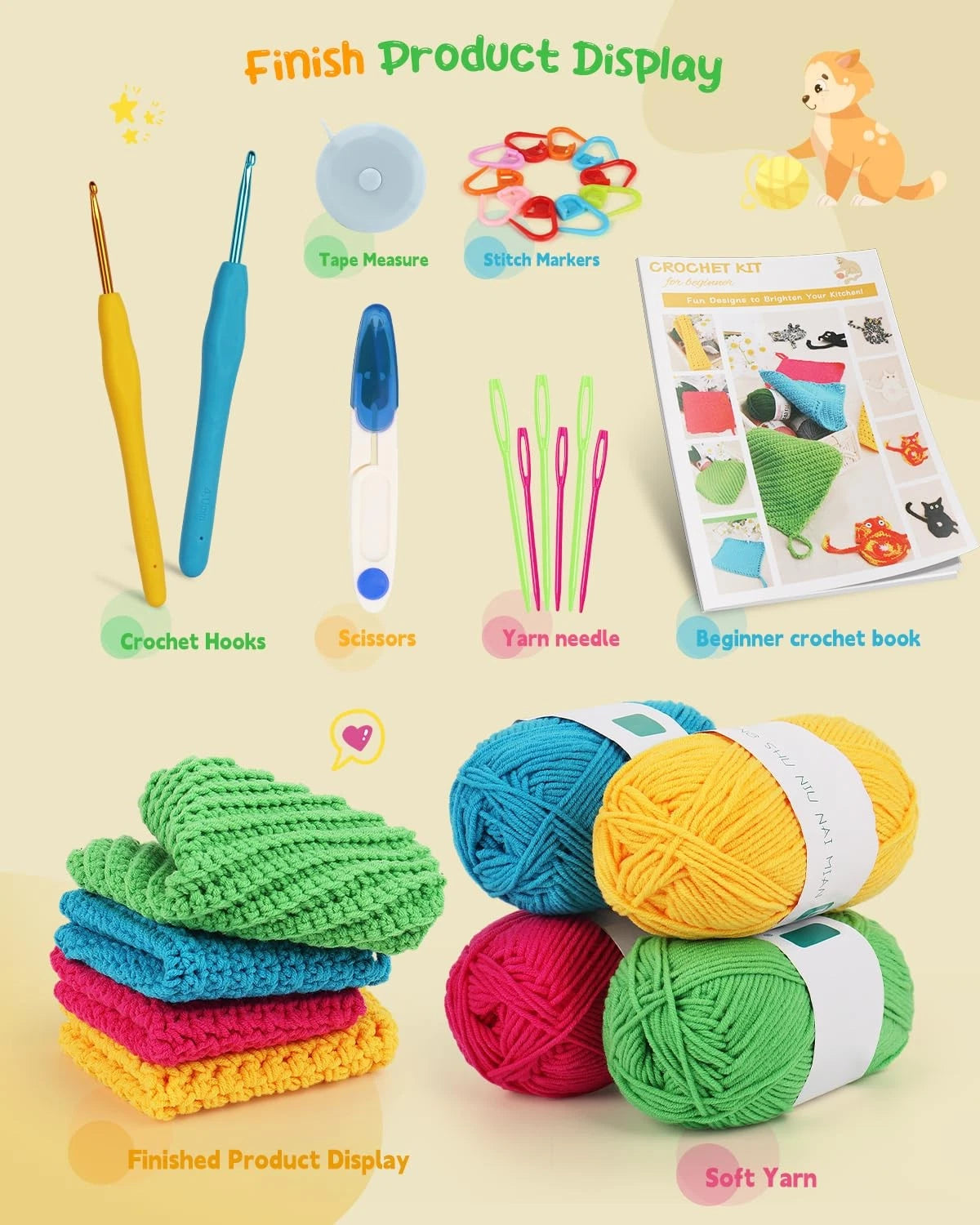 Katech Crochet Kit for Beginners, Dishcloth Small to Medium, Colorful