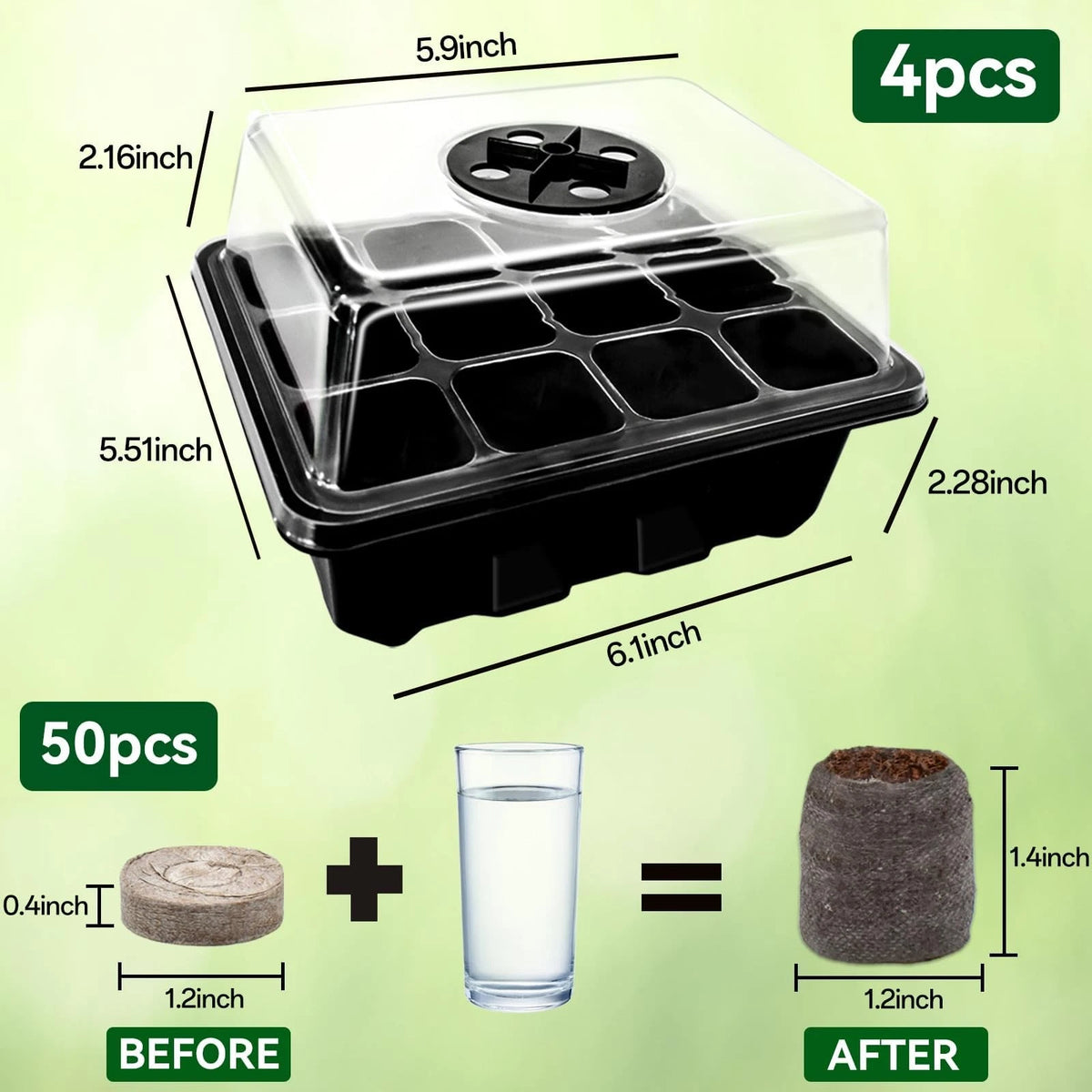 Halatool 4 Pack Seed Starter Tray with 50 PCS Peat 4 Set-black, Black