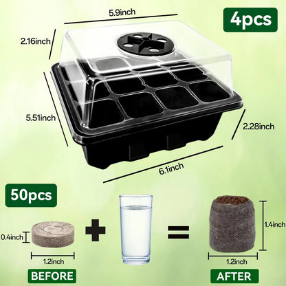 Halatool 4 Pack Seed Starter Tray with 50 PCS Peat 4 Set-black, Black