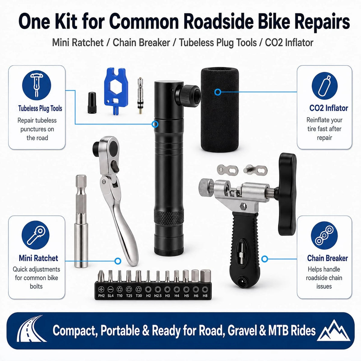 Bike Roadside Repair Kit with Mini Ratchet Tool, Chain Breaker and CO2...