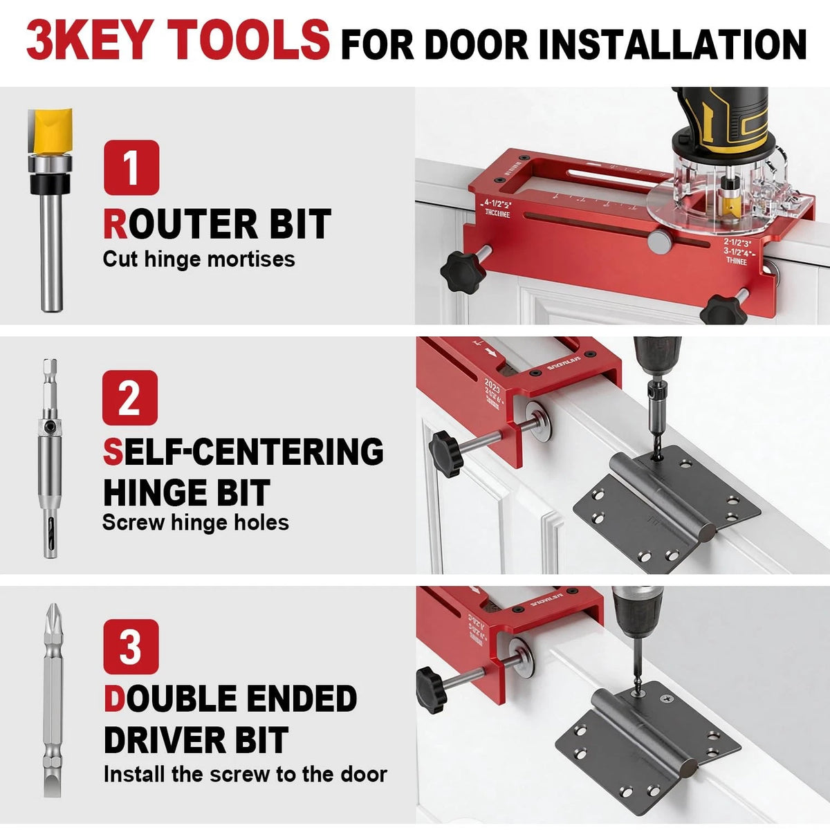 KATA Door Hinge Mortise Jig & Lock Installation Kit for 2.5"–5" Red