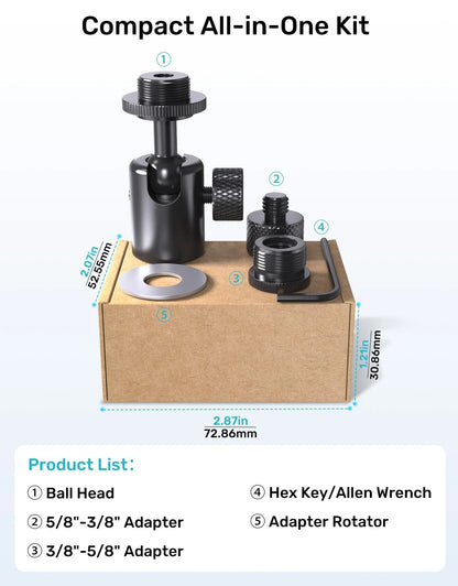 Etour Ball and Socket Head Microphone Adapter, All Metal, 180° & 360° Black