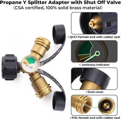 Propane Tank Splitter with Gauge 2 Way, Y Adapter Shut Off...