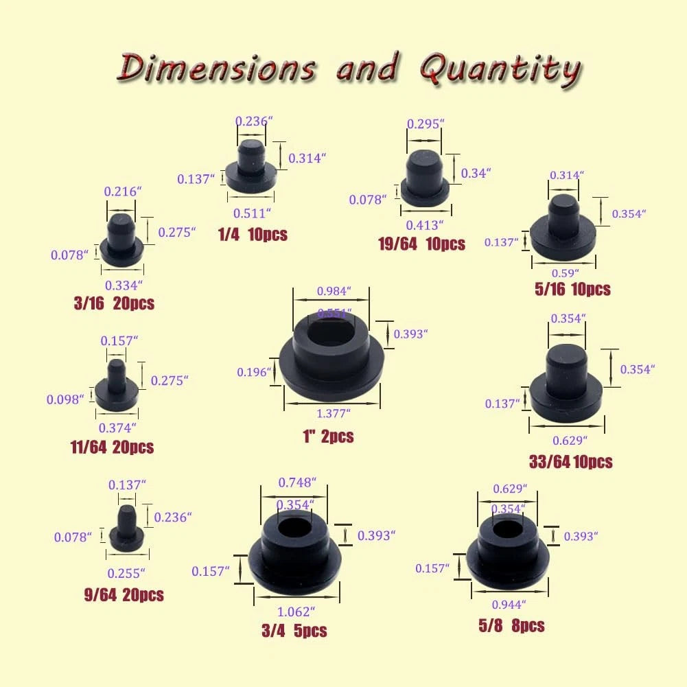 115Pcs Silicone Rubber Hole Plugs Set - 10 Sizes T-Type Black