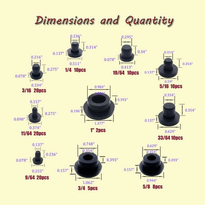 115Pcs Silicone Rubber Hole Plugs Set - 10 Sizes T-Type Black