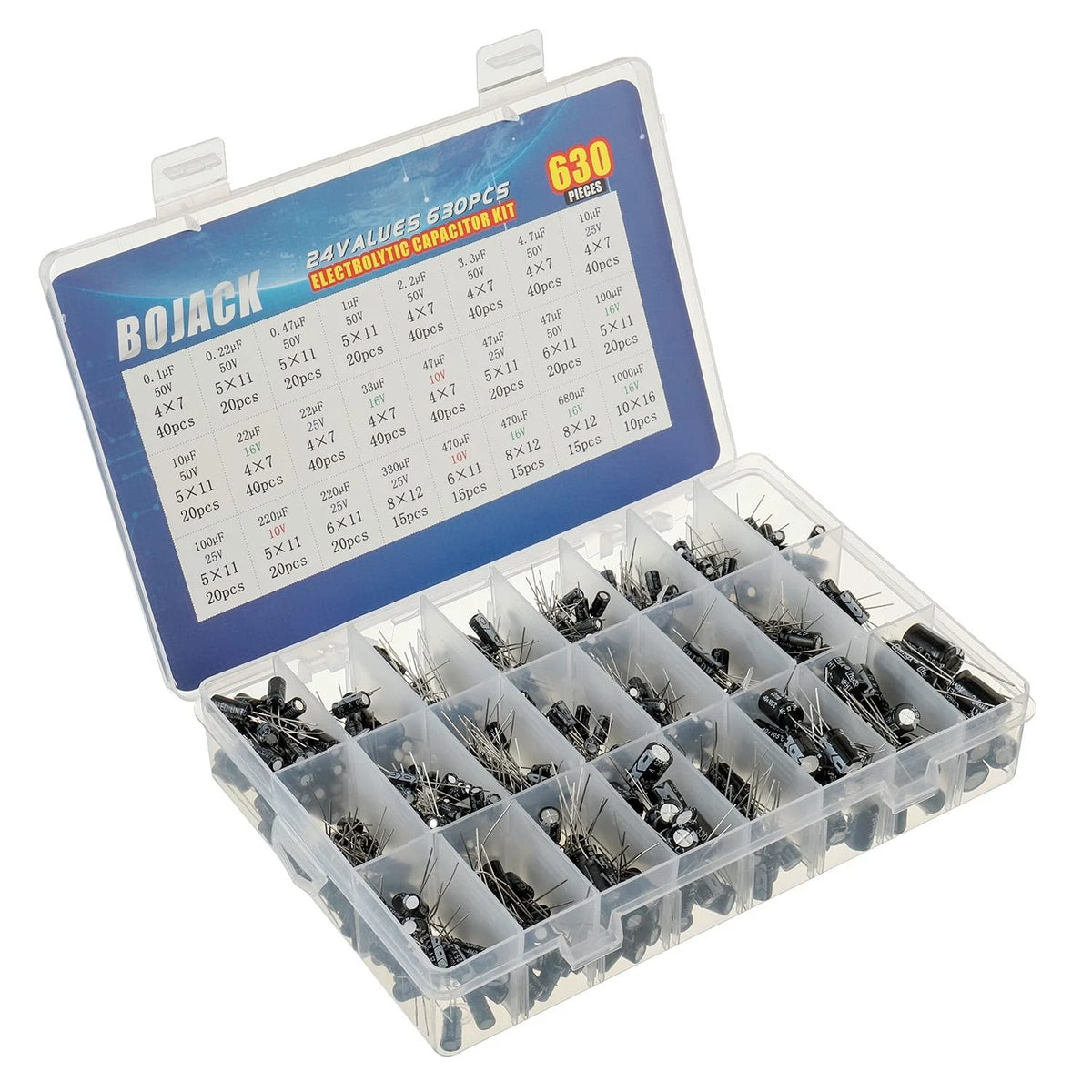 BOJACK 24Value 630pcs Aluminum Electrolytic Capacitor Assortment Box Kit...