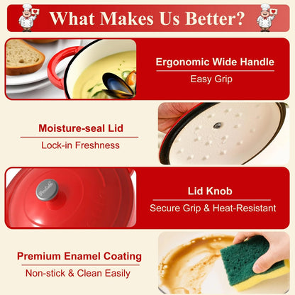 5QT Enameled Cast Iron Dutch Oven for Bread Baking, Sourdough 5QT, Red