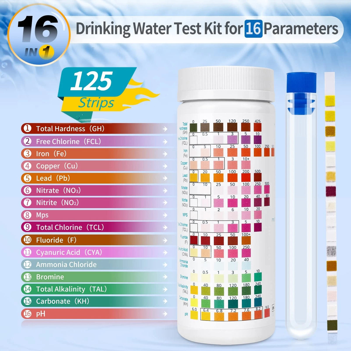 Umlecoa 16 in 1 Premium Water Test Kit - 125 Home Quality 16 IN 1
