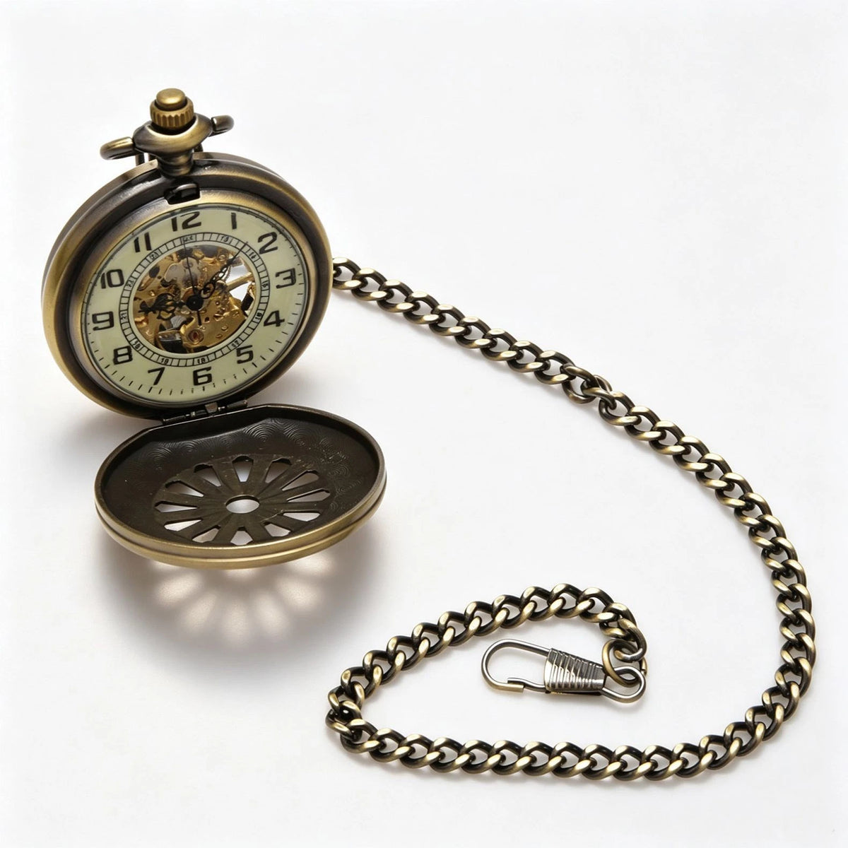 Classic Mechanical Black Steampunk Skeleton Pocket Watch with Chain For Men