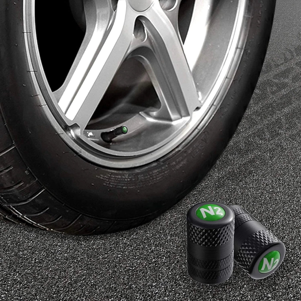 CKAuto 4 Pcs Aluminum Tire Valve Stem Caps with N2 Nitrogen Logo, Black/N2